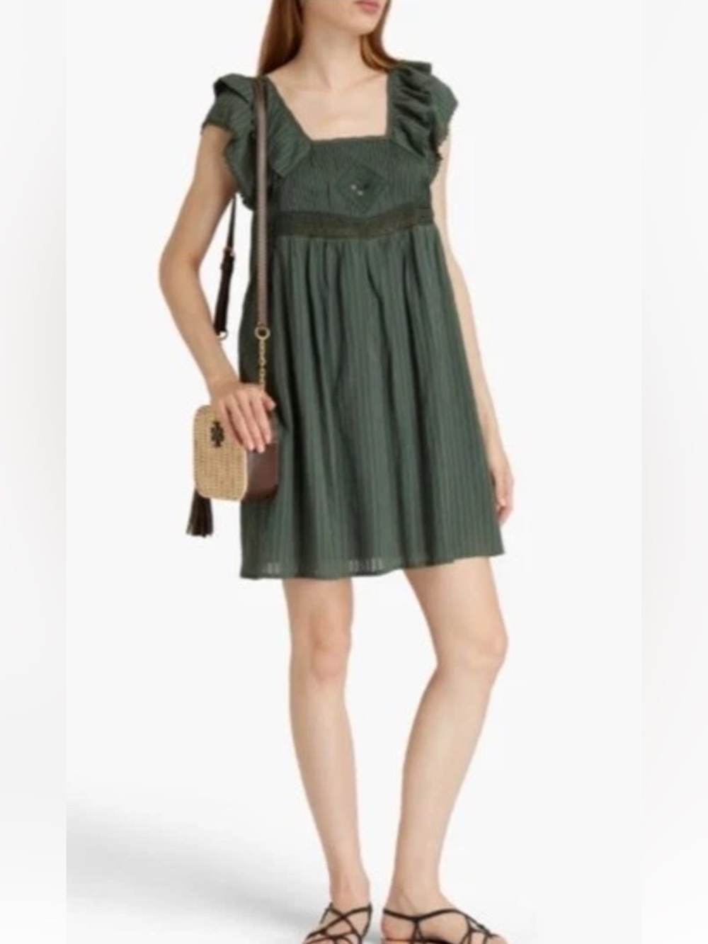 ba&sh Olive Green Ruffled Square-Neck Mini Dress 100% Cotton Size Small
